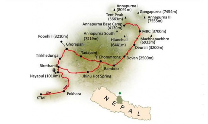 Annapurna Base Camp Trek and Volunteer Services Map